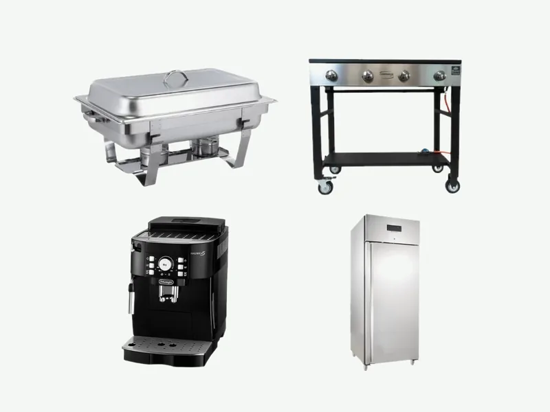 Chafing Dish, Gasgrill, Kaffeevollautomat und Kühlschrank
